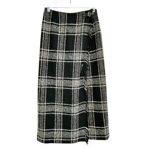 Vintage Talbots Petites Black White Plaid Wool Wrap Fringed Maxi Skirt Size 2P